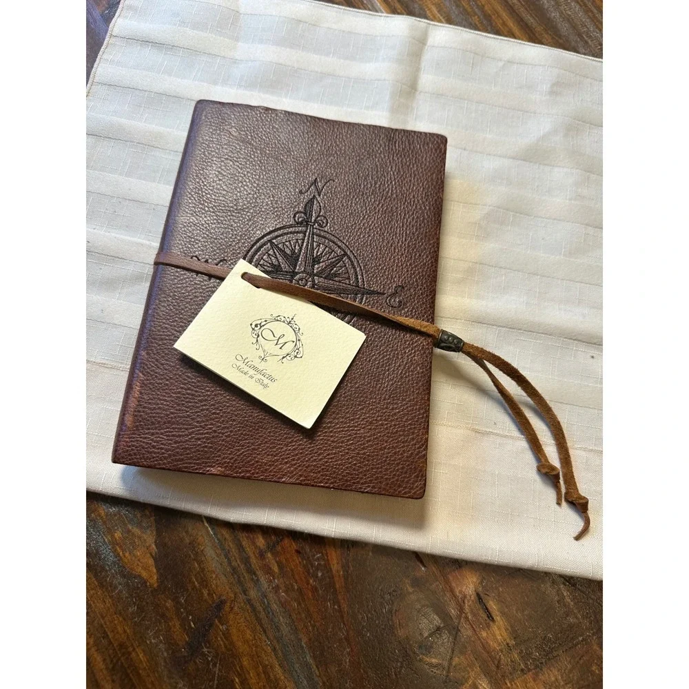Manufactus Italy Leather Compass Journal Embossed Brown Calfskin Notebook VINT.